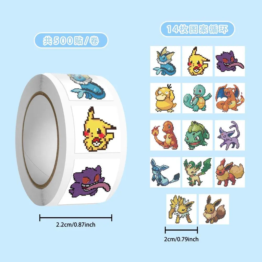 500pcs/Roll Cute Pixel Pokemon Pikachu Cartoon Anime Sealing Stickers DIY Laptop Decals Decoration Stiker Reward Gift Toys