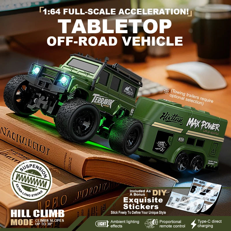 Mini RC Car 1:64 Off-Road Climbing Vehicle with Trailer