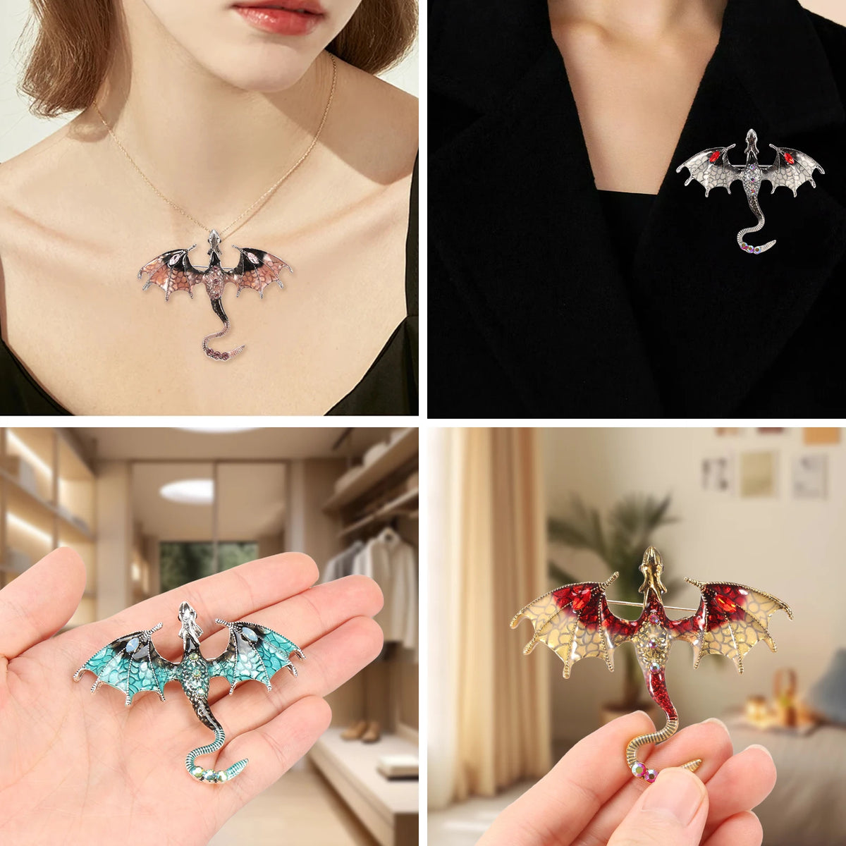 10Pcs Fashion Alloy Enamel Flying Dragon Shaped Brooch Pin Vintage Spread Wing Dragon Style Pendant Set for Necklace and Jewelry