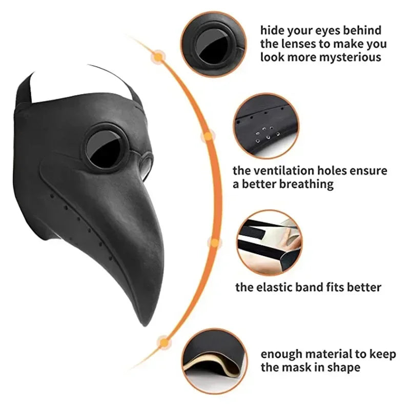 Black Rubber Plague Doctor Mask Costume Halloween Cartoon Spooky Steampunk Gas Latex Mask for Kids and Adults Cosplay Props