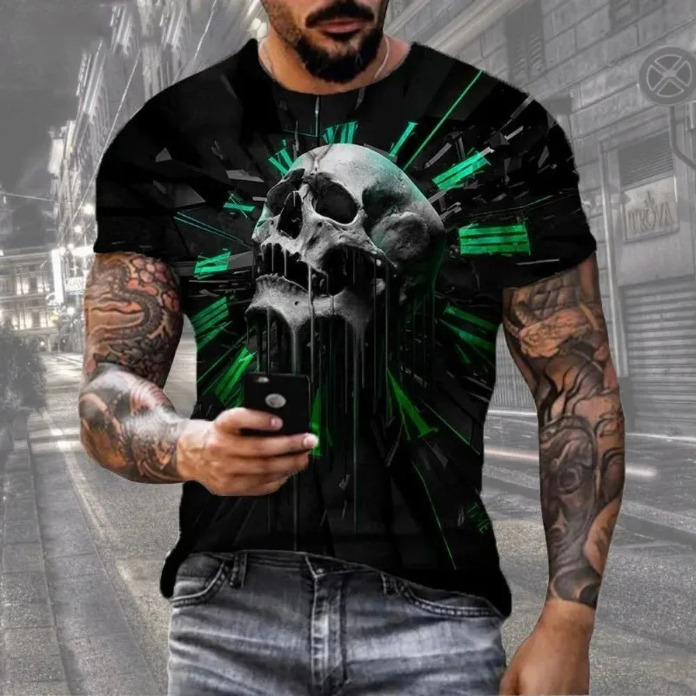 Horror Death Summer Men's Breathable Round Neck T-shirt Skull Print Halloween Street Hip Hop Casual Outdoor Top
