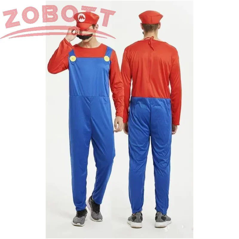 Anime Super Luigi Brothers Cosplay Adult Men and Women Boys Girls Jumpsuit Beard Hat Set Halloween Costume Props