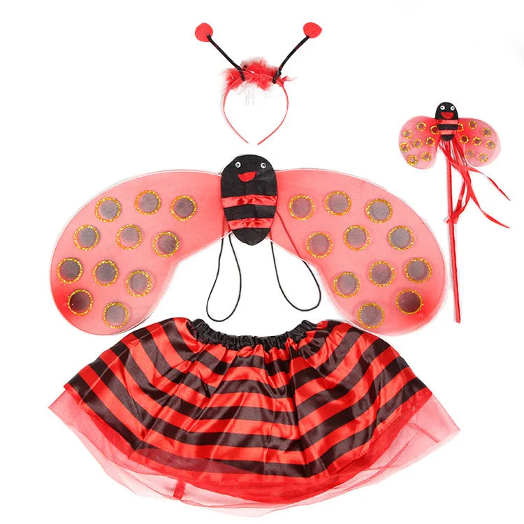 4 Piece Yellow Bee Cosplay Costume Halloween Bee Antennae Headband Hairband Wings Magic Wand Funny Dress Fairy Props Set