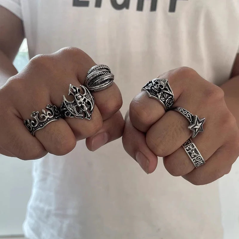 6pcs/set Halloween Jewelry Gothic Metal Skull Head Five Point Star Adjustable Ring for Men Punk Silver Color Rings Party Gift
