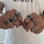 6pcs/set Halloween Jewelry Gothic Metal Skull Head Five Point Star Adjustable Ring for Men Punk Silver Color Rings Party Gift