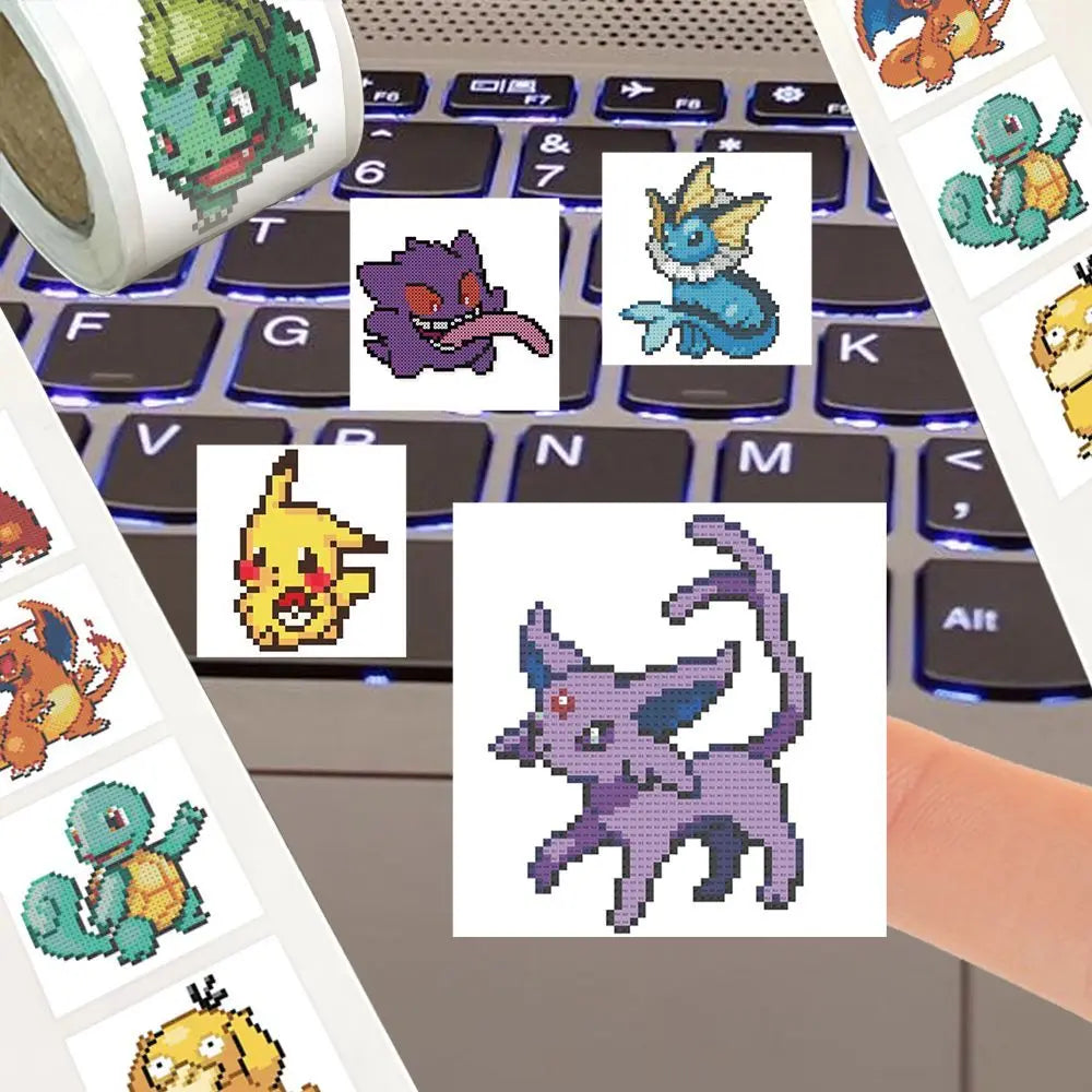 500pcs/Roll Cute Pixel Pokemon Pikachu Cartoon Anime Sealing Stickers DIY Laptop Decals Decoration Stiker Reward Gift Toys