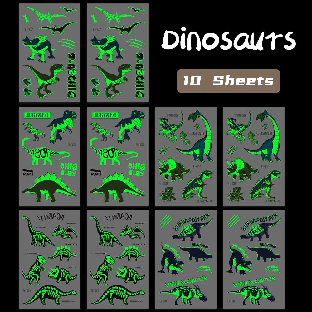 10 Sheets Luminous Dinosaur Temporary Tattoos, Waterproof Glow In The Dark T-Rex Pterosaur Velociraptor Triceratops Stegosaur De