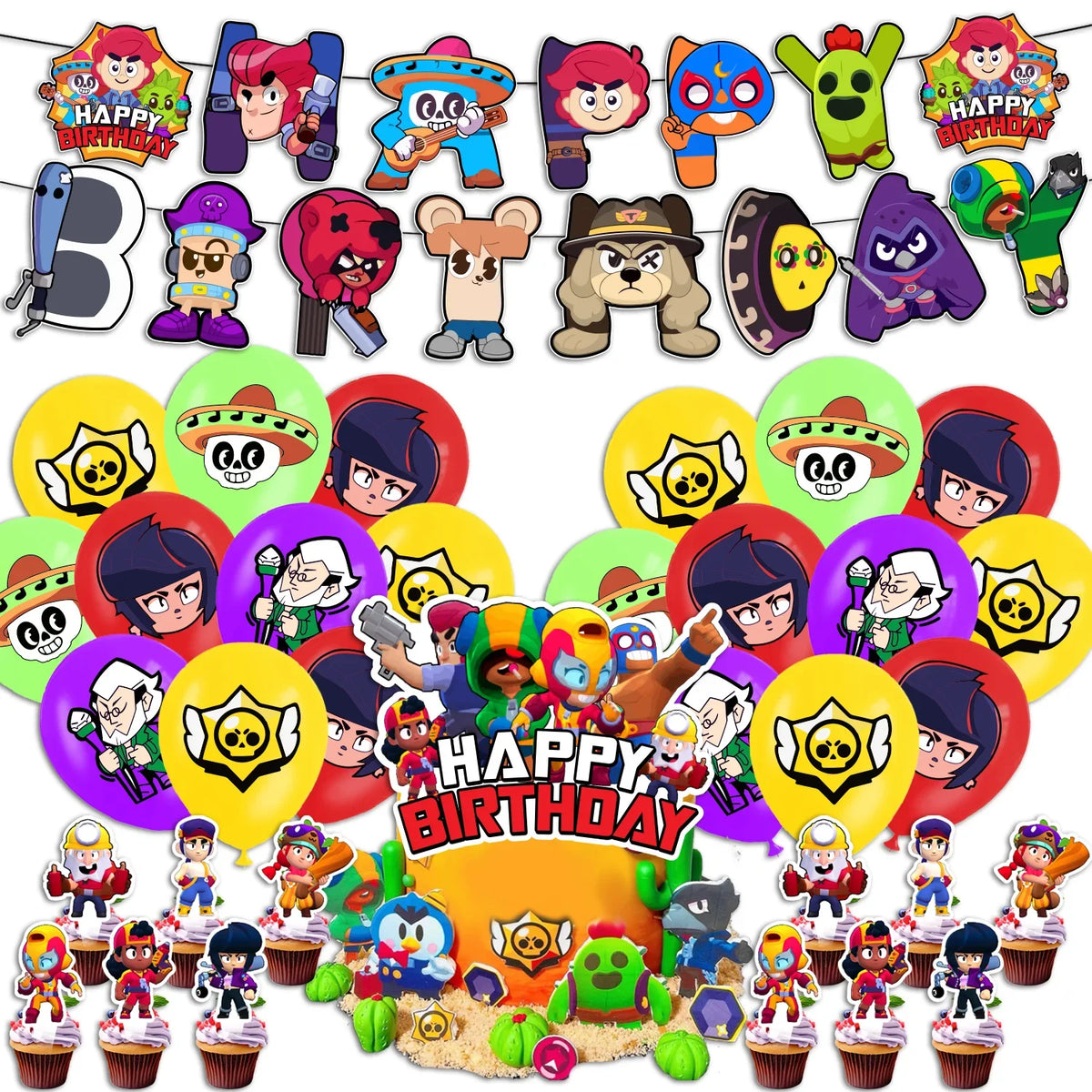 Birthday Party Decorations Set – Banner, Balloons & Cake Toppers