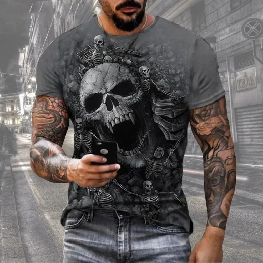 Horror Death Summer Men's Breathable Round Neck T-shirt Skull Print Halloween Street Hip Hop Casual Outdoor Top