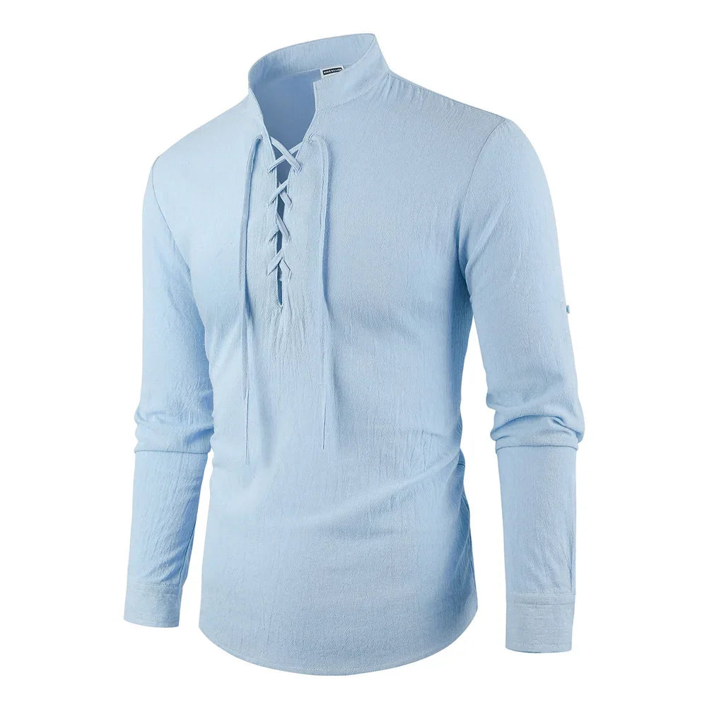 Men's Vintage V-neck T-shirt Cotton Linen Pirate Medieval Viking Gothic Tops Shirts Long Sleeved Cospaly Halloween Party Top