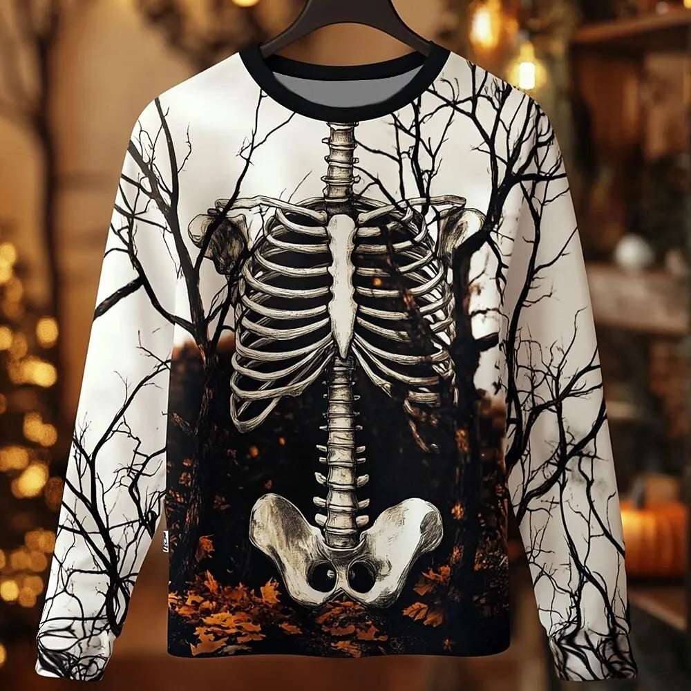 2025 Halloween Skeleton Print Long Sleeve T-Shirt for Men Gothic Trendy Streetwear Casual Tops Halloween Party Tees Fall Winter