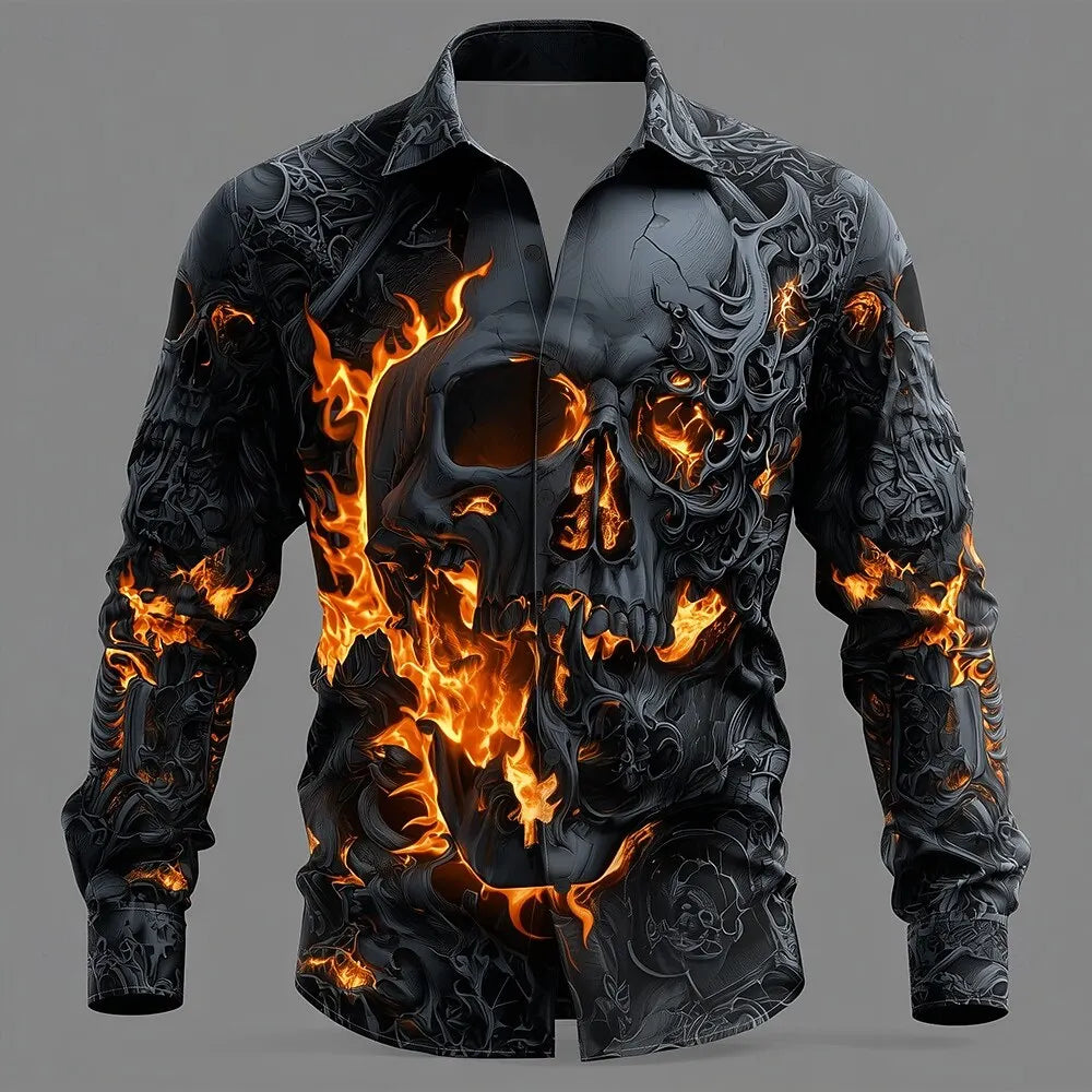 2025 Halloween Men's Skull Flame Halloween Costumes Shirt Button Up Shirt Long Sleeve Shirt Gothic Style Tops Fall Winter
