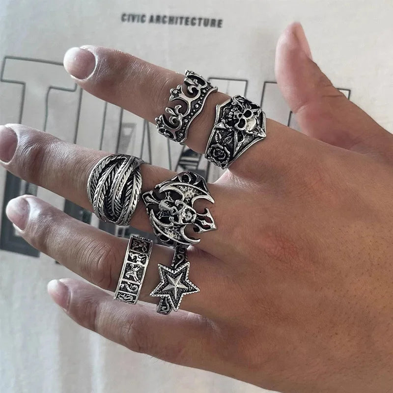 6pcs/set Halloween Jewelry Gothic Metal Skull Head Five Point Star Adjustable Ring for Men Punk Silver Color Rings Party Gift