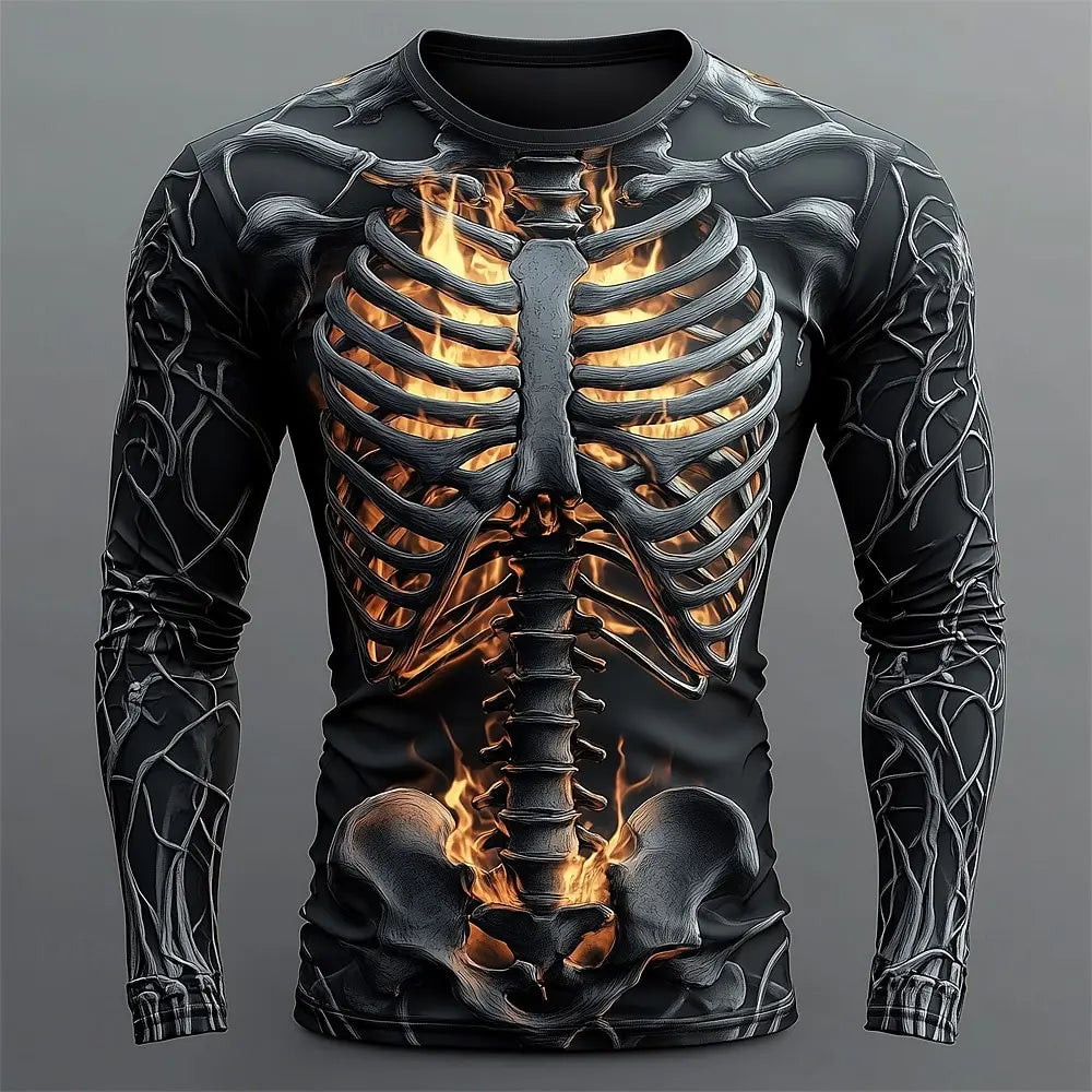 2025 Halloween Skeleton Print Long Sleeve T-Shirt for Men Gothic Trendy Streetwear Casual Tops Halloween Party Tees Fall Winter