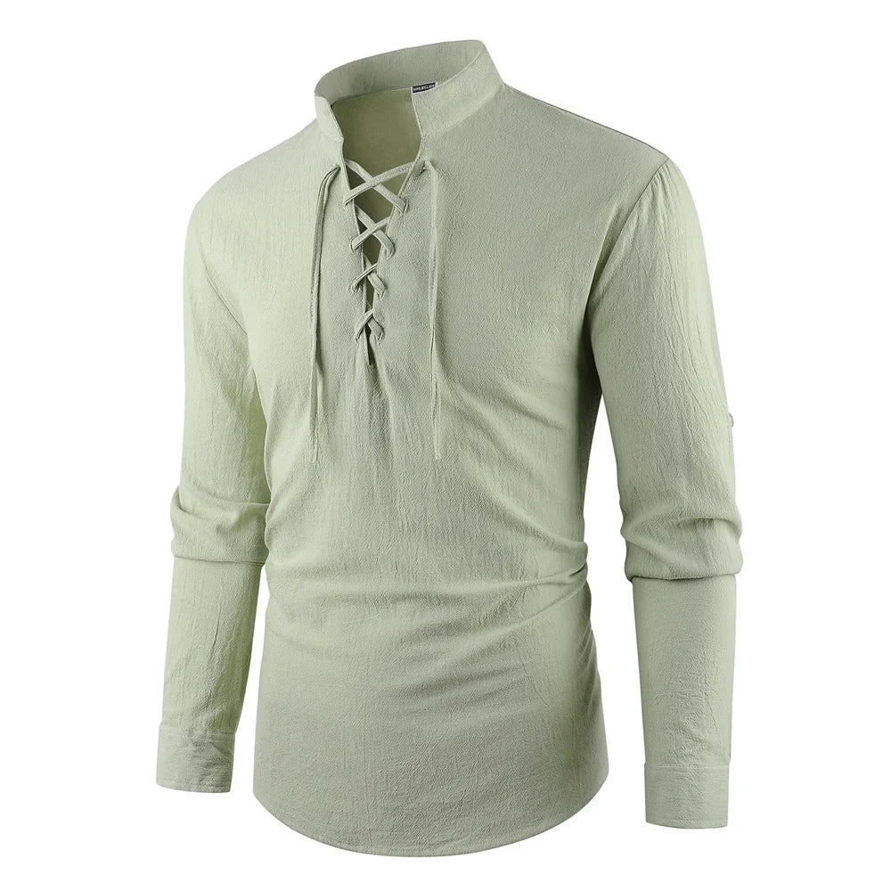 Men's Vintage V-neck T-shirt Cotton Linen Pirate Medieval Viking Gothic Tops Shirts Long Sleeved Cospaly Halloween Party Top