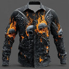2025 Halloween Men's Skull Flame Halloween Costumes Shirt Button Up Shirt Long Sleeve Shirt Gothic Style Tops Fall Winter