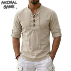 Men's Long Sleeved Linen T-Shirts Medieval Vintage Viking Top Cotton Shirts Men Halloween Costume Breathable Tops Yoga Shirts