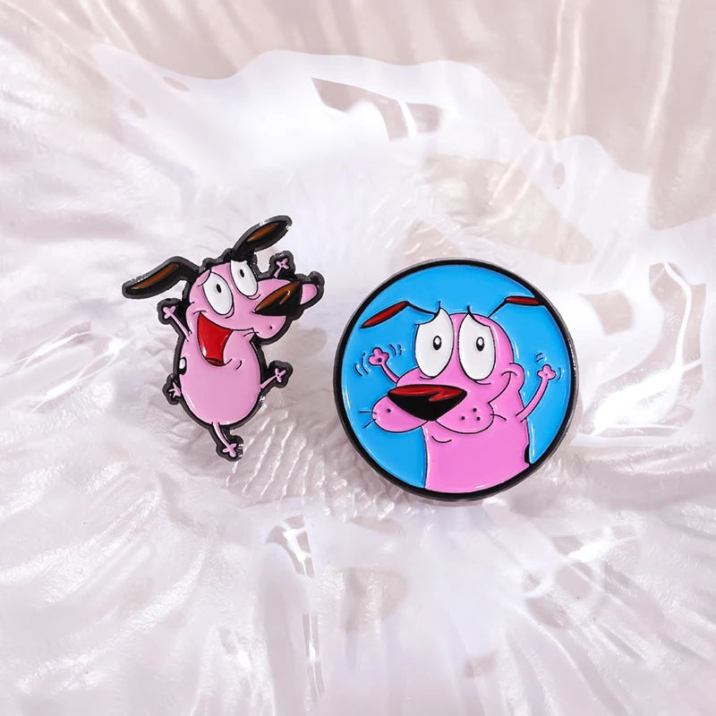 Cartoon Courage Cowardly Dog Brooch Enamel Pins Cute Pink Animal Dog Brooches Clothes Lapel Badges Jewelry Gift for Kids Friends