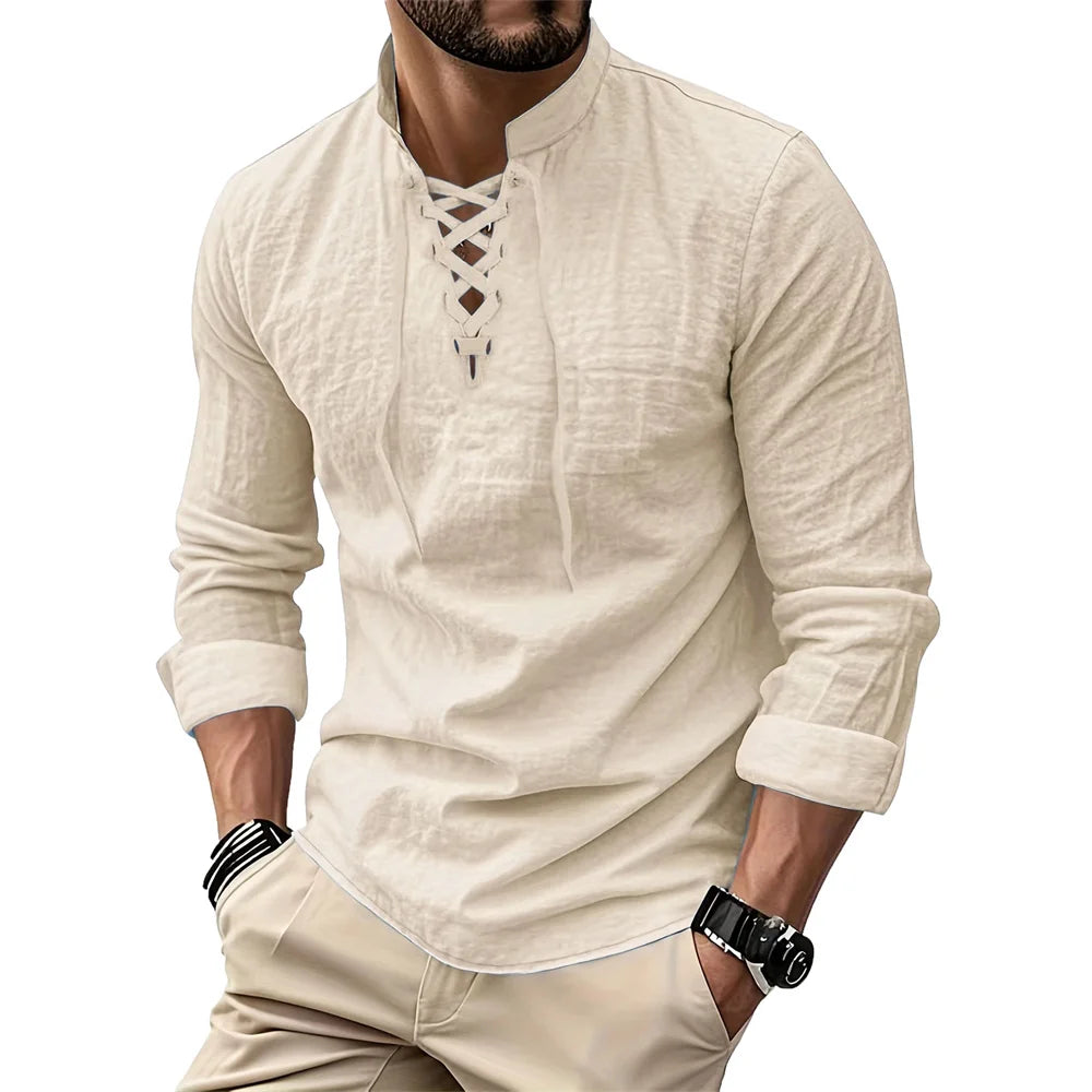 Men's Vintage V-neck T-shirt Cotton Linen Pirate Medieval Viking Gothic Tops Shirts Long Sleeved Cospaly Halloween Party Top