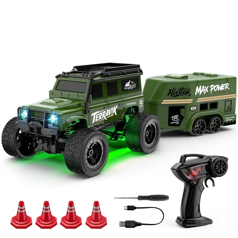 Mini RC Car 1:64 Off-Road Climbing Vehicle with Trailer