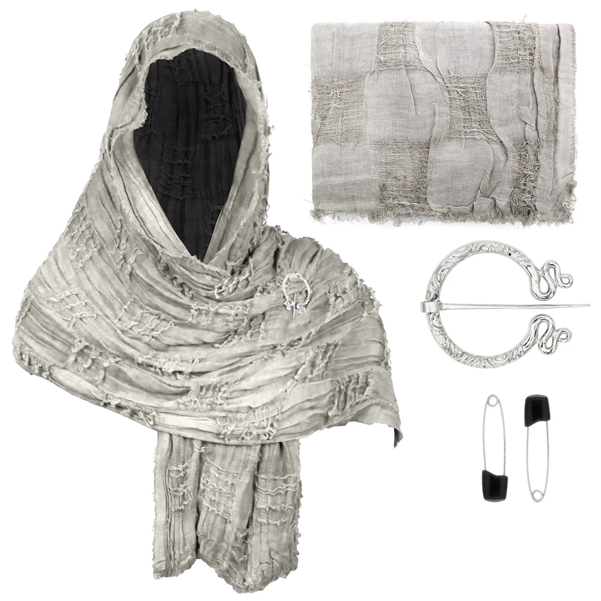 Medieval Vintage Hooded Shawl Scarf Cloak For Men Women Renaissance Halloween Tattered Layered Textured Frayed Cosplay Costume