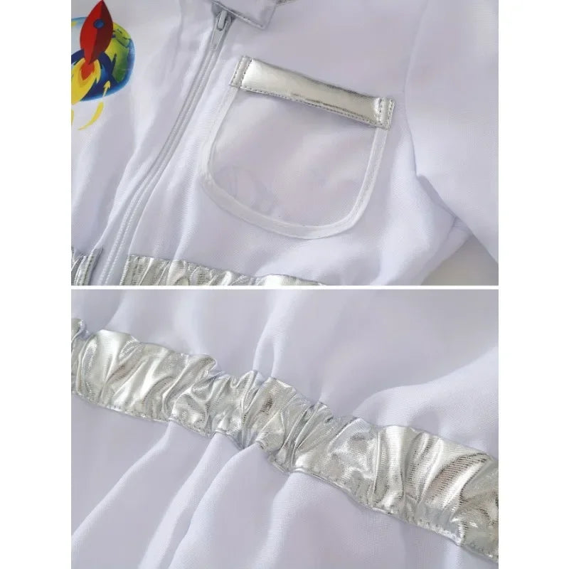 Kids US Astronaut Dressup Costume Deluxe Print Cartoon White Space Suit Bodysuit Halloween Role Play Adventure Gloves Hat Set