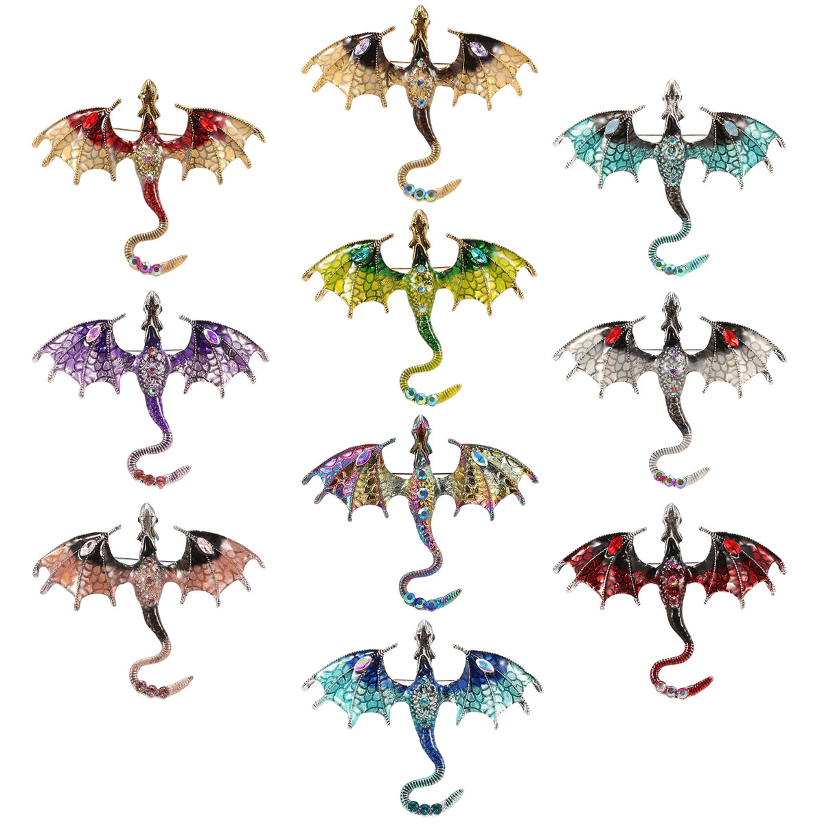 10Pcs Fashion Alloy Enamel Flying Dragon Shaped Brooch Pin Vintage Spread Wing Dragon Style Pendant Set for Necklace and Jewelry