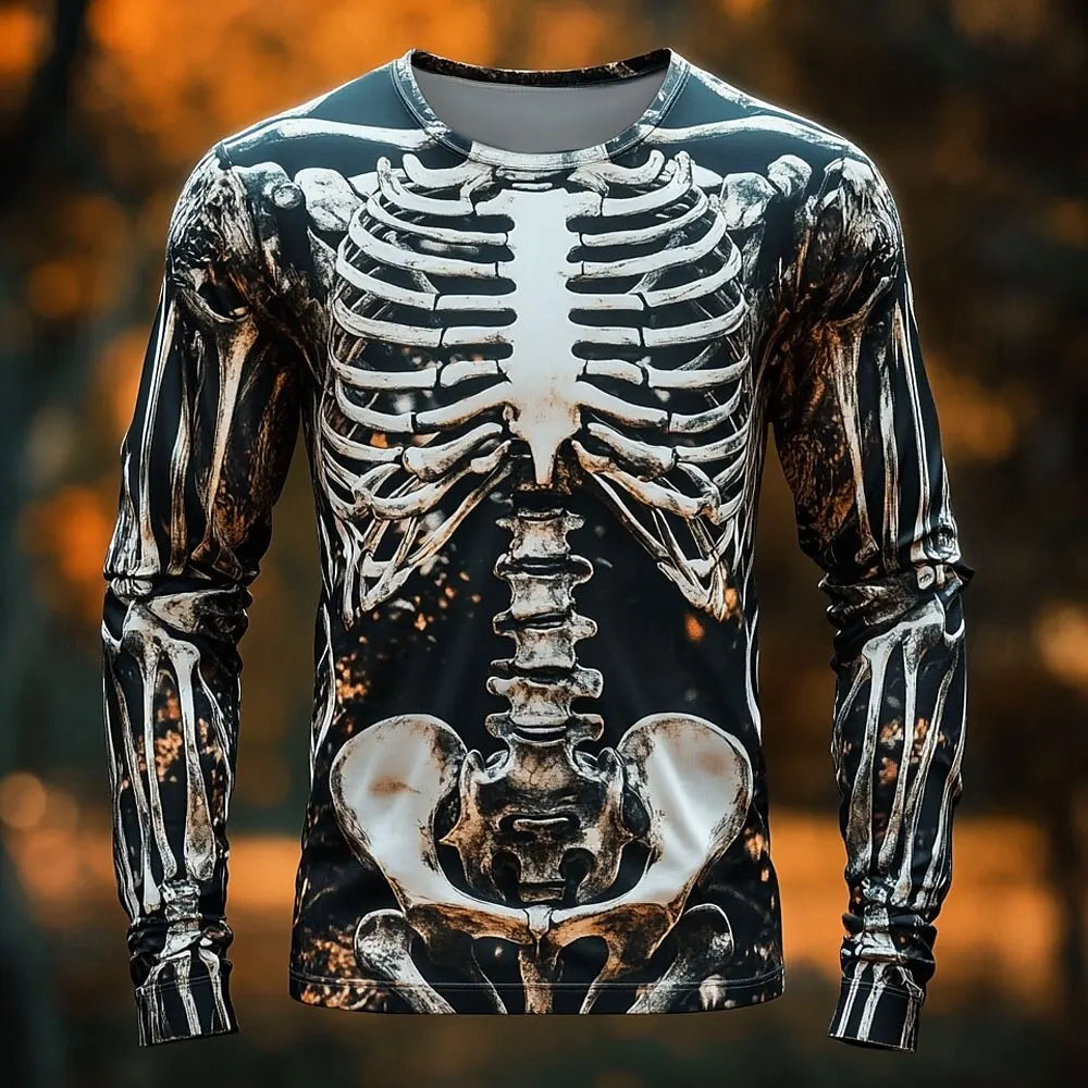 2025 Halloween Skeleton Print Long Sleeve T-Shirt for Men Gothic Trendy Streetwear Casual Tops Halloween Party Tees Fall Winter