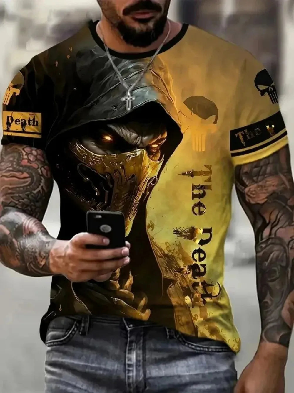 Horror Death Summer Men's Breathable Round Neck T-shirt Skull Print Halloween Street Hip Hop Casual Outdoor Top