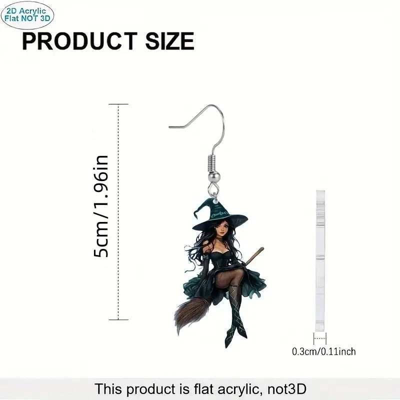 1 pair of 2D acrylic Halloween witch earrings, dark creative design, elegant and sexy cartoon magician earrings gift