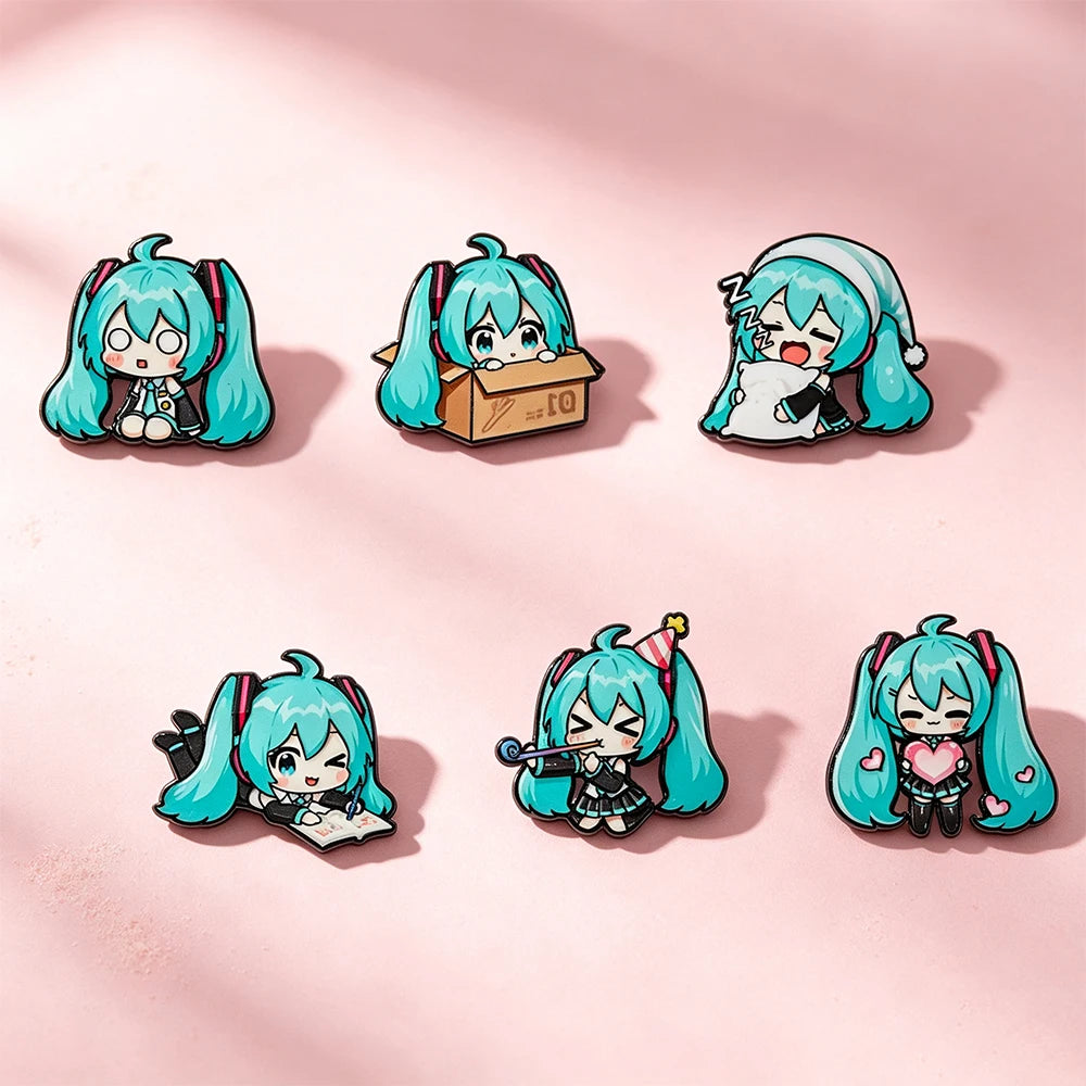 6pcs Kawaii Chibi Enamel Pin Set Multi-Pose Vocaloid Anime Brooches, Aesthetic Metal Lapel Badges for Backpack Perfect Gift