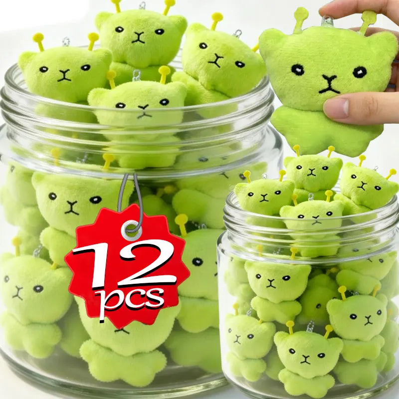 12pc Mini Alien Cat Plush Pendant Keyring Green Soft Plush Portable Key Chains Super Cute Handmade Doll Bags Pendant Gifts Decor