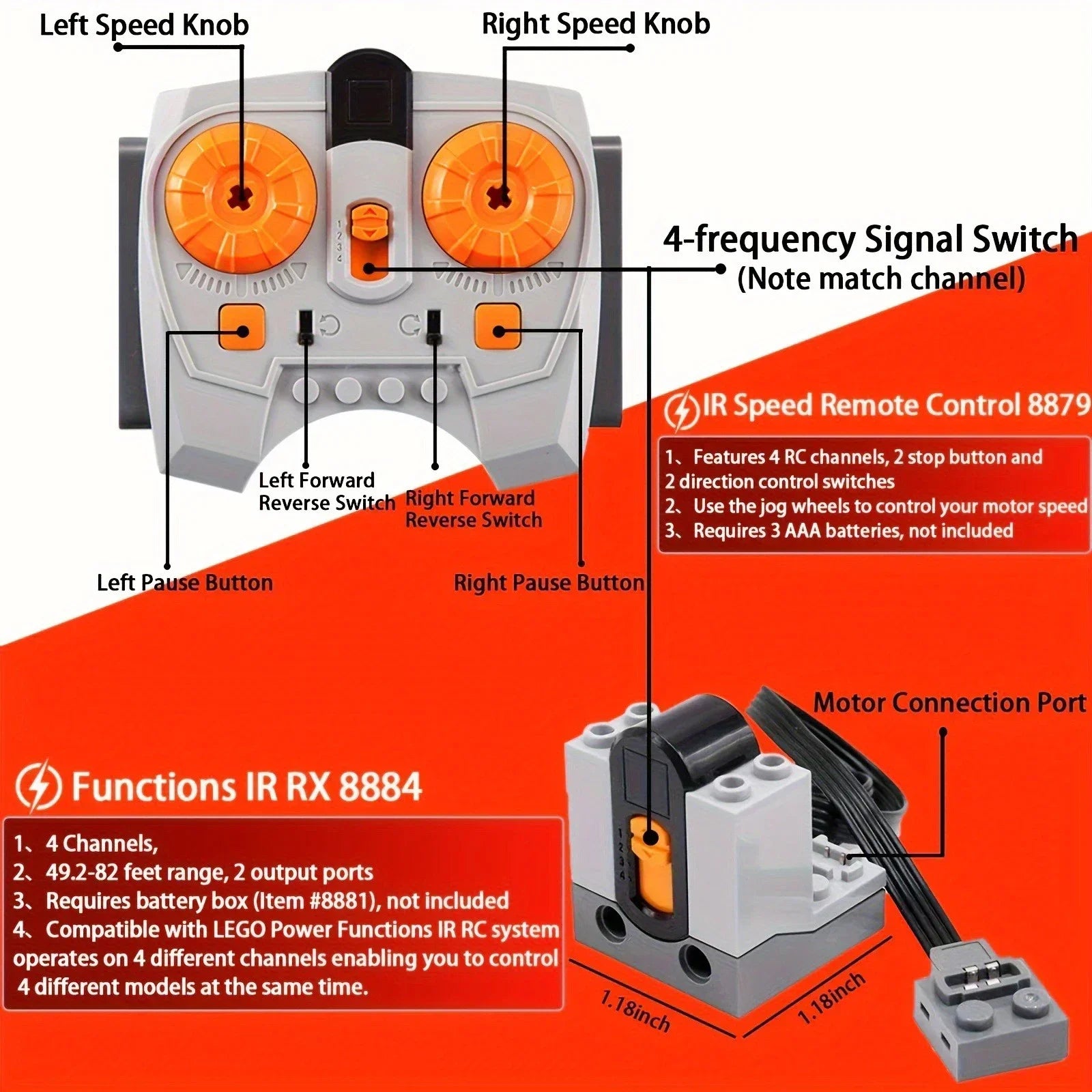 MOC Power Functions Servo Train Motor Battery Box Switch Light IR Remote Control Receiver Technical Parts Set Building Blocks
