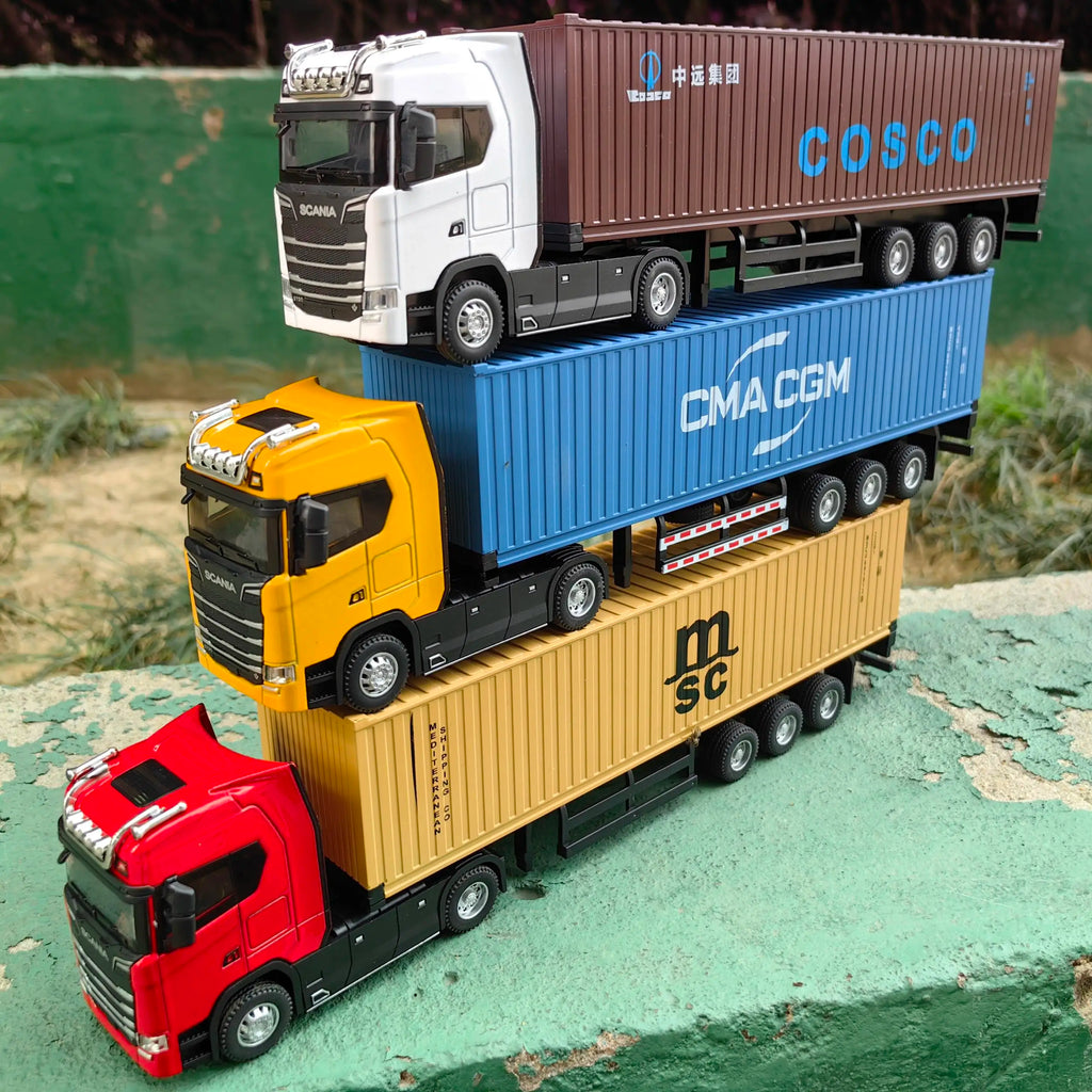 1/50 Simulation Large Truck Toy Car Model Alloy Diecast Transport Container Vehicle Car For Boy Gifts with Sound Light Pull Back