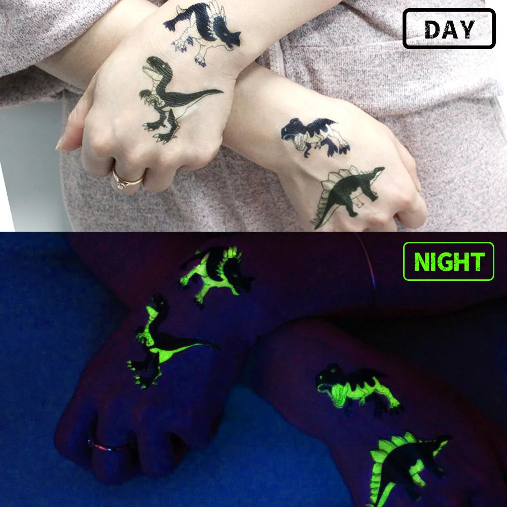 10 Sheets Luminous Dinosaur Temporary Tattoos, Waterproof Glow In The Dark T-Rex Pterosaur Velociraptor Triceratops Stegosaur De