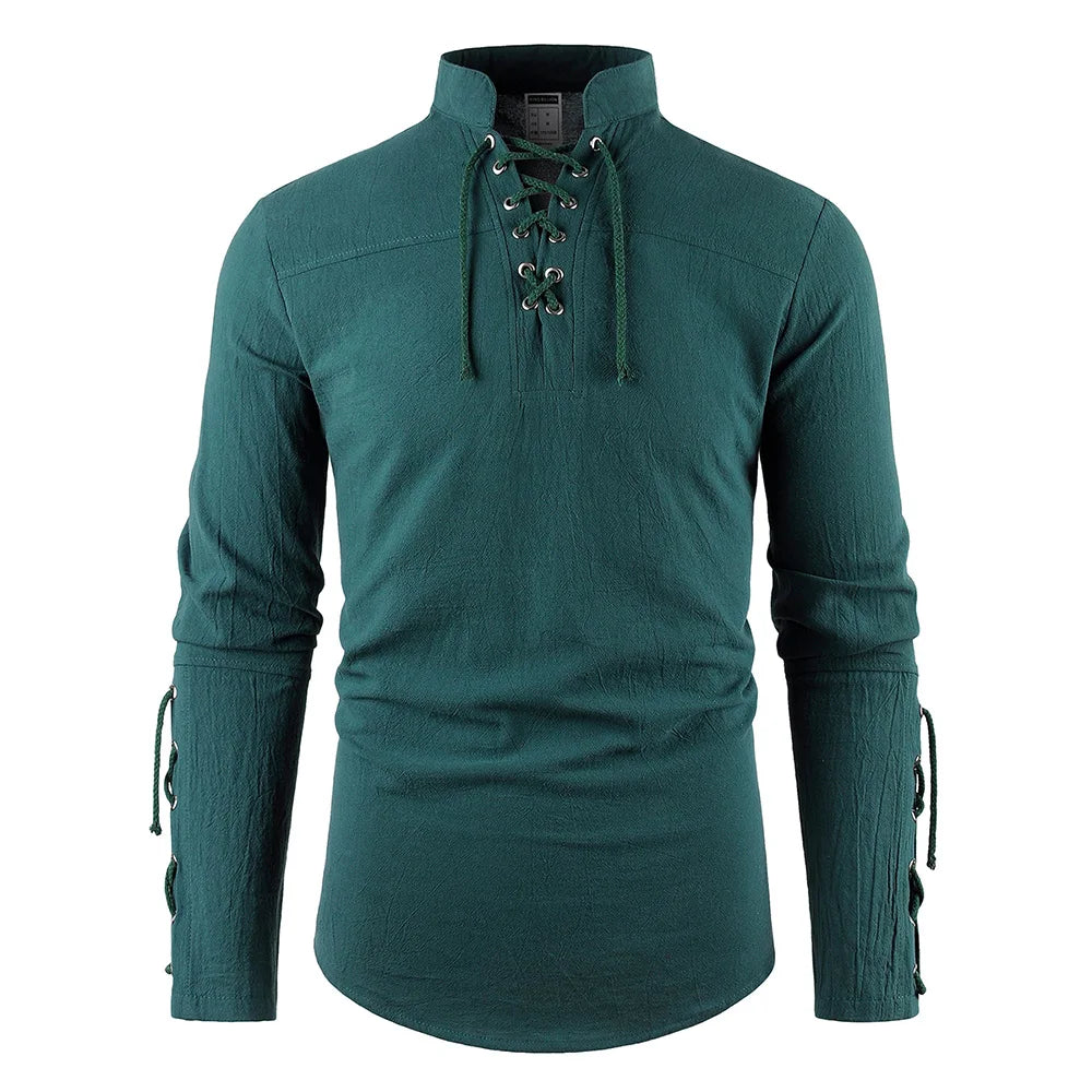 Men's Medieval Pirate Dress Stylish Streetwear Halloween Gothic Style V-neck Tops Solid Color Cotton Linen Breathable T-shirt