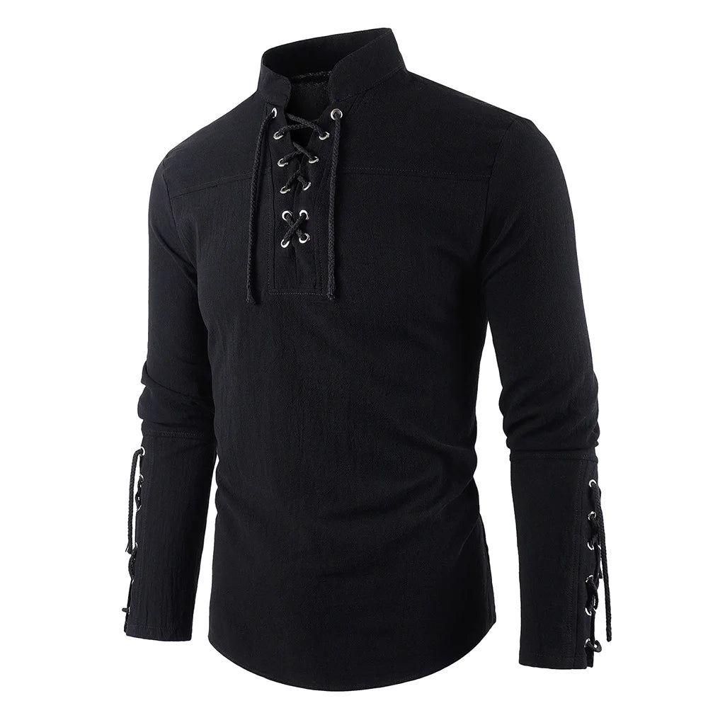 Men's Medieval Pirate Dress Stylish Streetwear Halloween Gothic Style V-neck Tops Solid Color Cotton Linen Breathable T-shirt