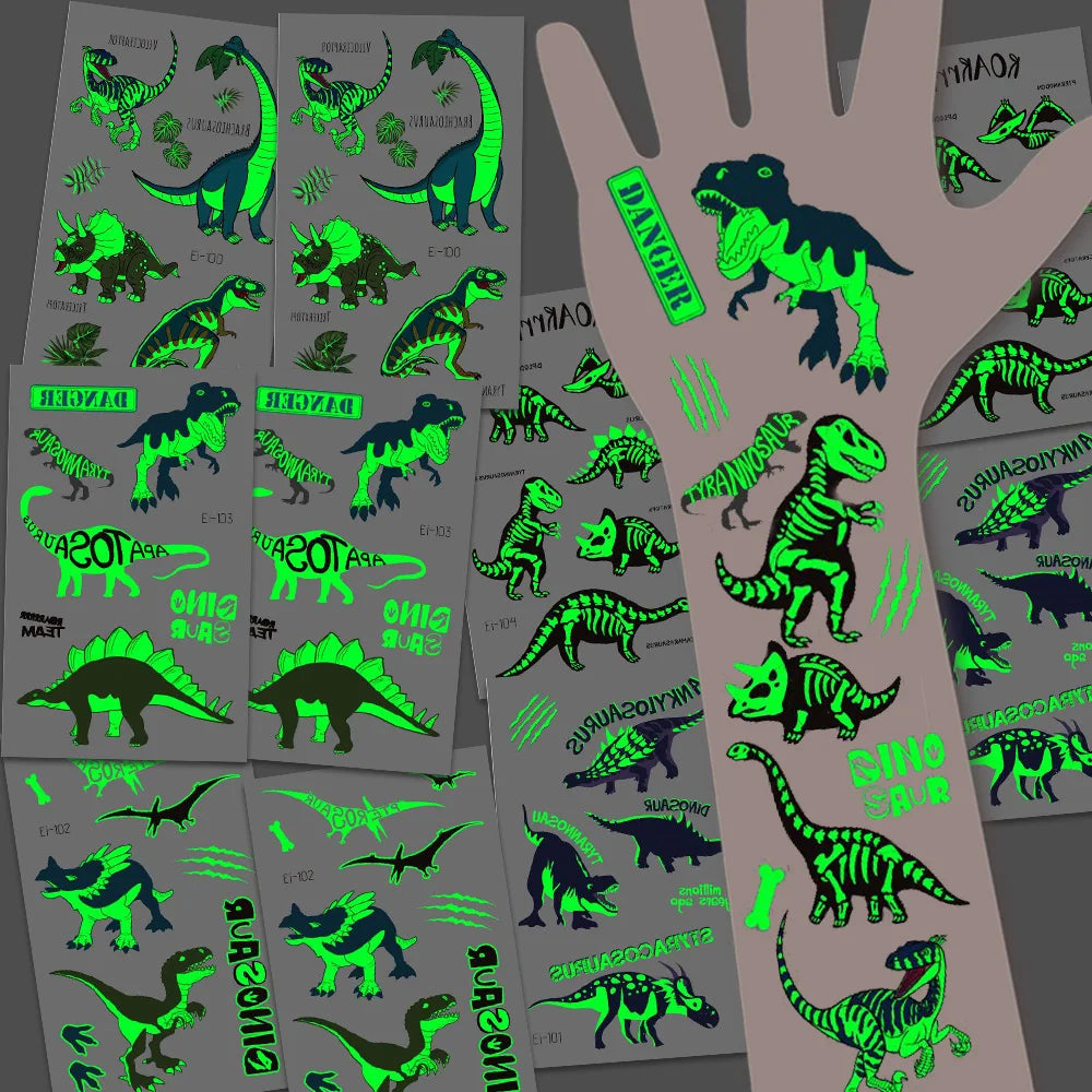 10 Sheets Luminous Dinosaur Temporary Tattoos, Waterproof Glow In The Dark T-Rex Pterosaur Velociraptor Triceratops Stegosaur De