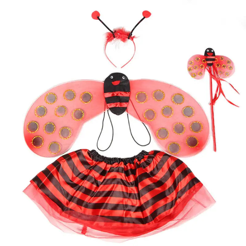 4 Piece Yellow Bee Cosplay Costume Halloween Bee Antennae Headband Hairband Wings Magic Wand Funny Dress Fairy Props Set