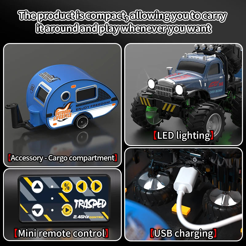 Mini RC Truck 1:64 with Trailer All-Terrain Remote Control
