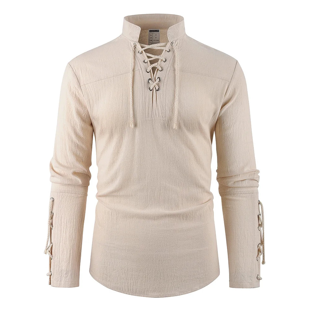 Men's Medieval Pirate Dress Stylish Streetwear Halloween Gothic Style V-neck Tops Solid Color Cotton Linen Breathable T-shirt