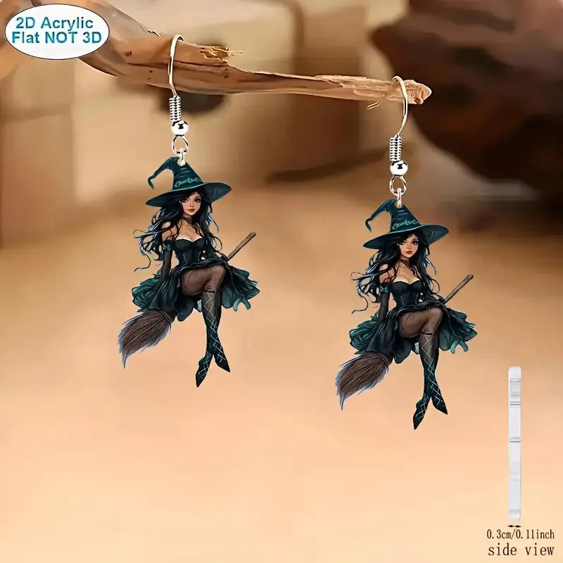 1 pair of 2D acrylic Halloween witch earrings, dark creative design, elegant and sexy cartoon magician earrings gift