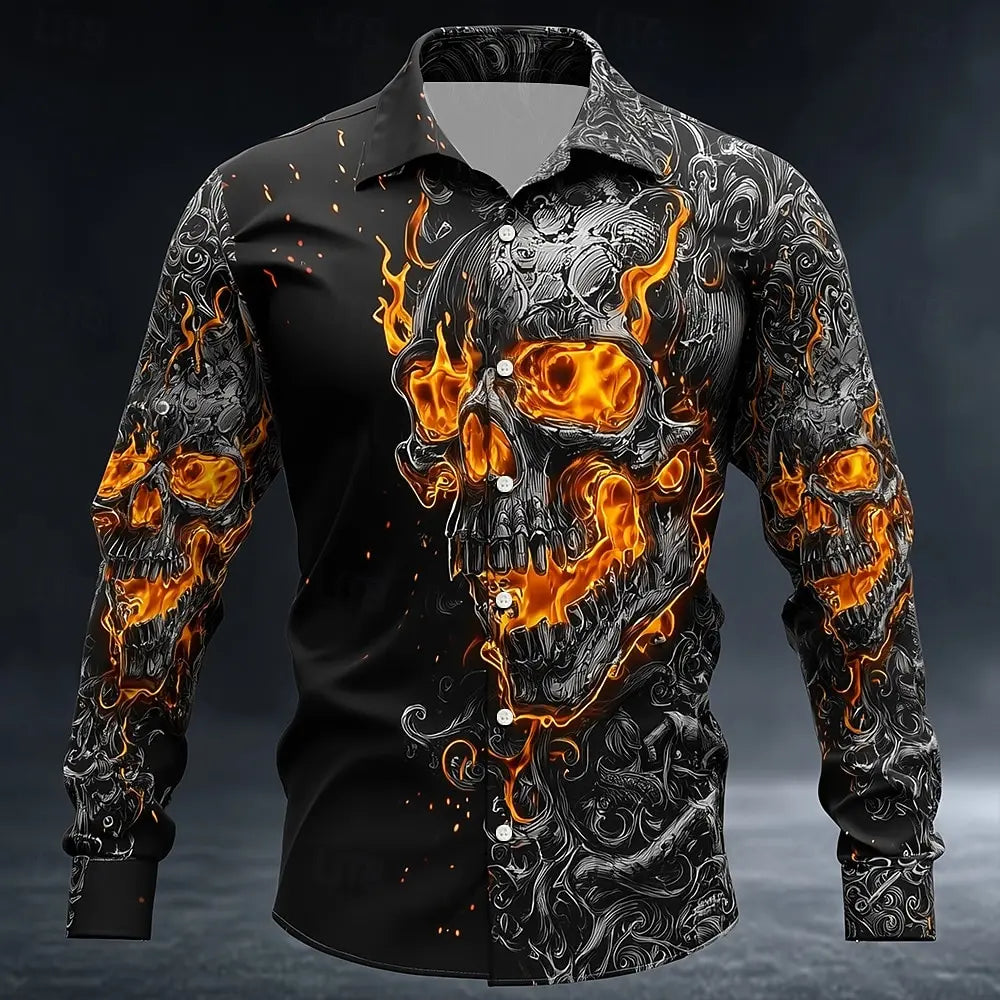 2025 Halloween Men's Skull Flame Halloween Costumes Shirt Button Up Shirt Long Sleeve Shirt Gothic Style Tops Fall Winter