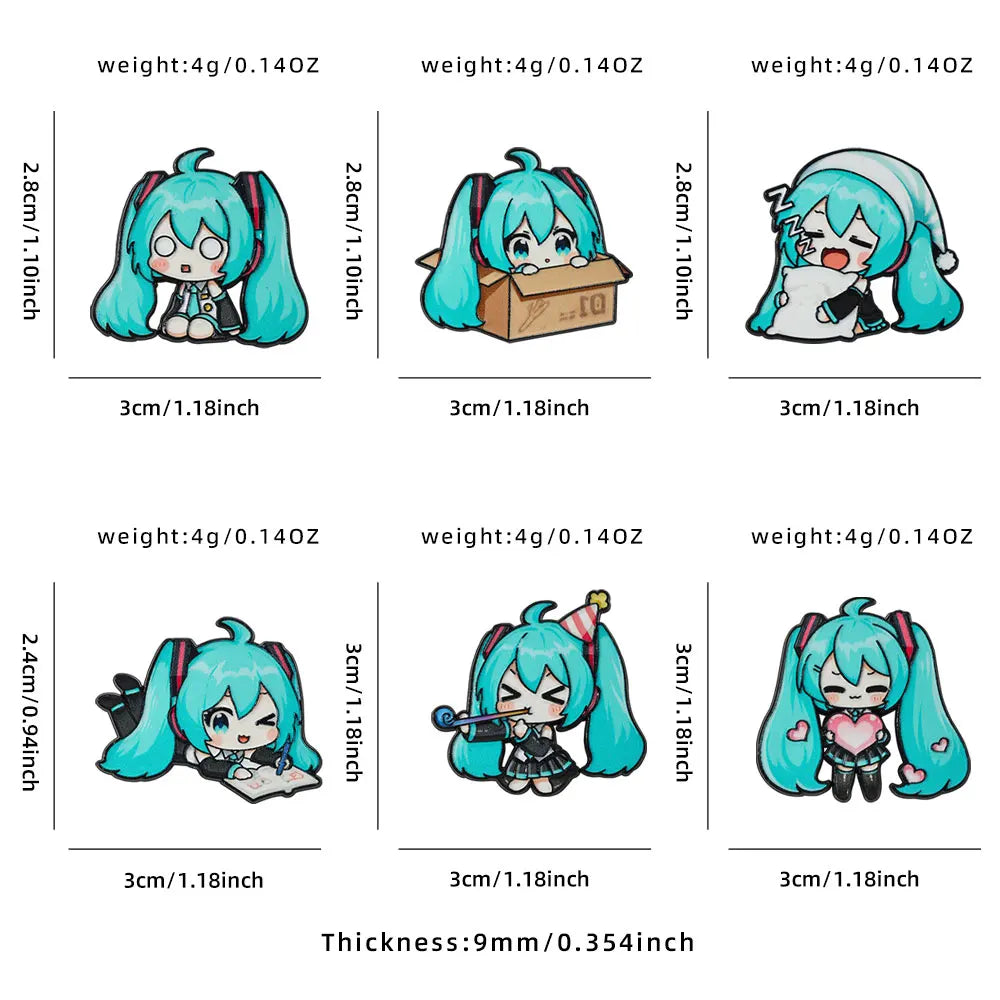 6pcs Kawaii Chibi Enamel Pin Set Multi-Pose Vocaloid Anime Brooches, Aesthetic Metal Lapel Badges for Backpack Perfect Gift