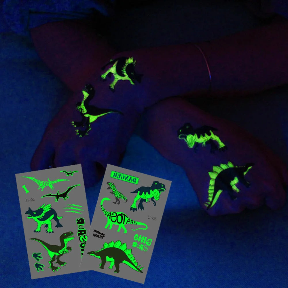 10 Sheets Luminous Dinosaur Temporary Tattoos, Waterproof Glow In The Dark T-Rex Pterosaur Velociraptor Triceratops Stegosaur De