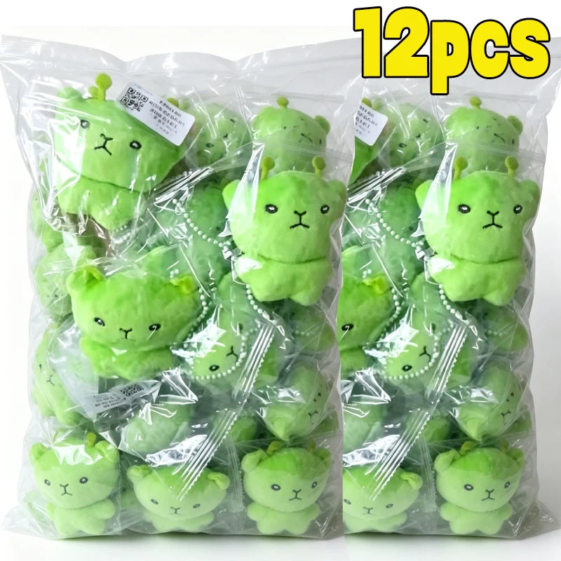 12pc Mini Alien Cat Plush Pendant Keyring Green Soft Plush Portable Key Chains Super Cute Handmade Doll Bags Pendant Gifts Decor