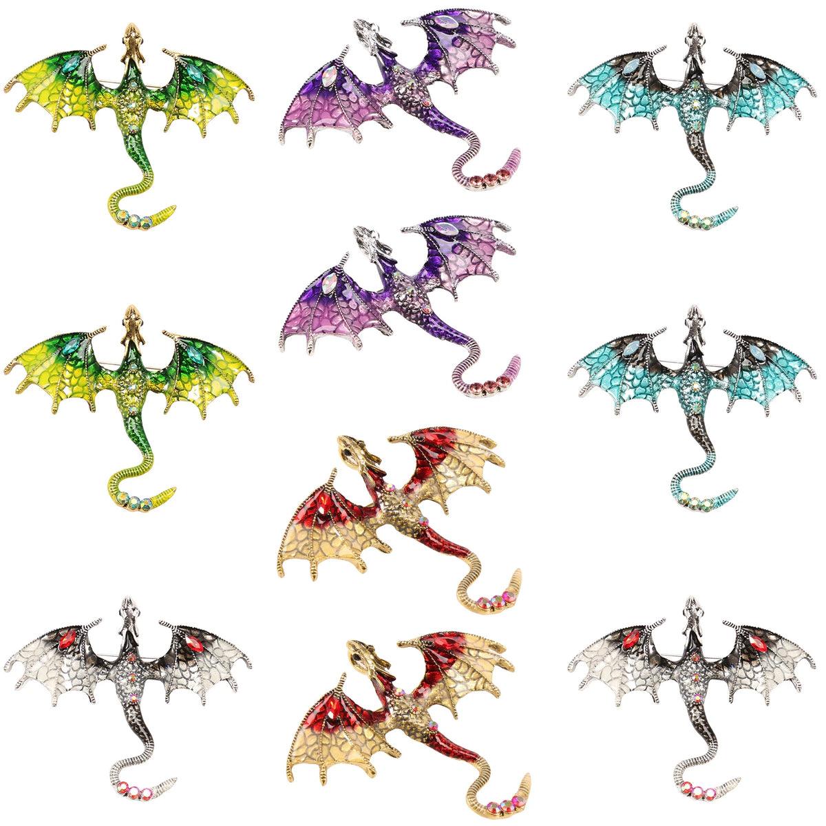 10Pcs Fashion Alloy Enamel Flying Dragon Shaped Brooch Pin Vintage Spread Wing Dragon Style Pendant Set for Necklace and Jewelry