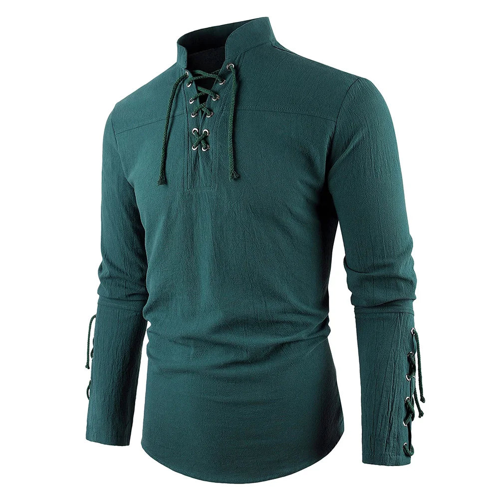 Men's Medieval Pirate Dress Stylish Streetwear Halloween Gothic Style V-neck Tops Solid Color Cotton Linen Breathable T-shirt