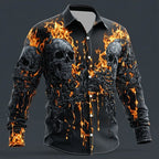 2025 Halloween Men's Skull Flame Halloween Costumes Shirt Button Up Shirt Long Sleeve Shirt Gothic Style Tops Fall Winter