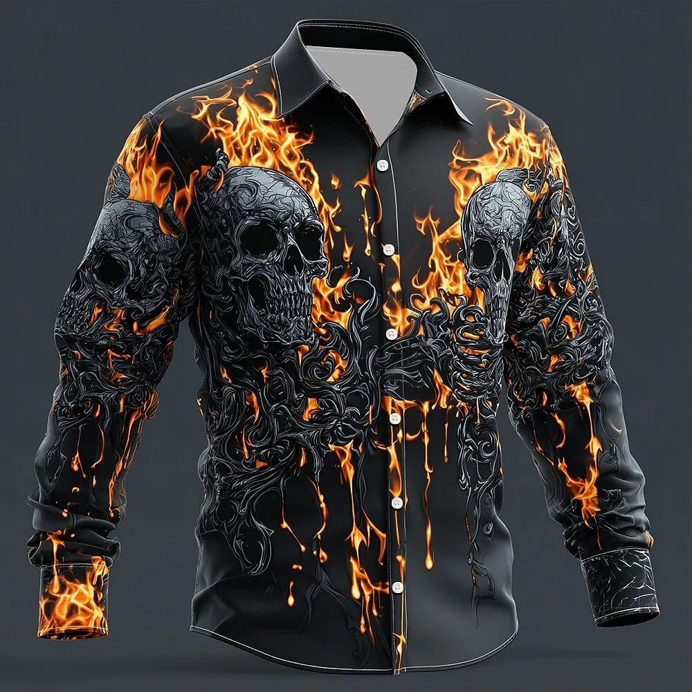 2025 Halloween Men's Skull Flame Halloween Costumes Shirt Button Up Shirt Long Sleeve Shirt Gothic Style Tops Fall Winter